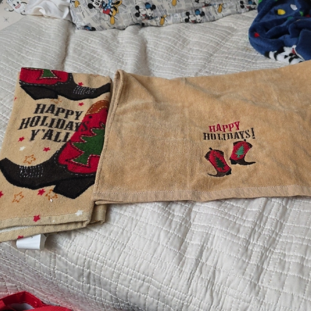 2 St. Nicholas Square Happy Holidays Y'all Towels - Tan and Red Cowboy Design